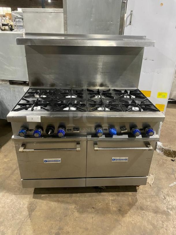 Standard Range Commercial Stainless Steel Natural Gas Powered 8 Burner Range! With 2 Full Sized Ovens Underneath! With Back Splash & Overhead Salamander Shelf! With Metal Oven Rack! On Casters! - Image 1 of 10