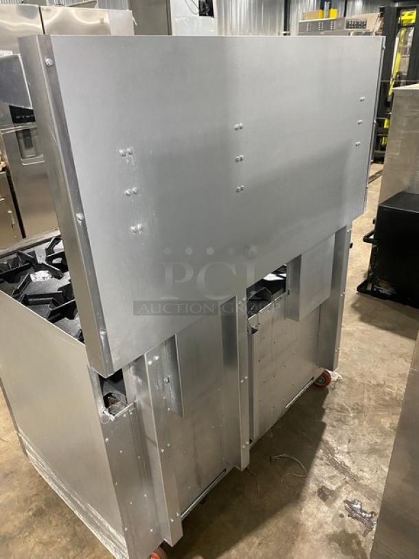 Standard Range Commercial Stainless Steel Natural Gas Powered 8 Burner Range! With 2 Full Sized Ovens Underneath! With Back Splash & Overhead Salamander Shelf! With Metal Oven Rack! On Casters! - Image 4 of 10