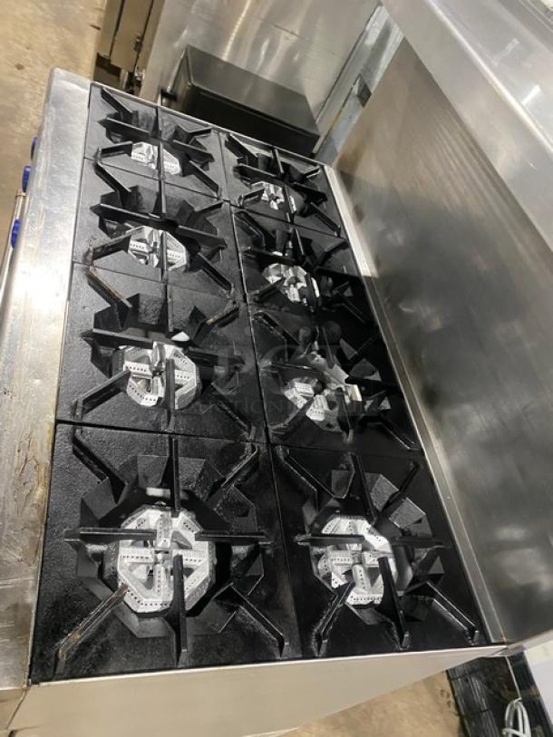 Standard Range Commercial Stainless Steel Natural Gas Powered 8 Burner Range! With 2 Full Sized Ovens Underneath! With Back Splash & Overhead Salamander Shelf! With Metal Oven Rack! On Casters! - Image 5 of 10