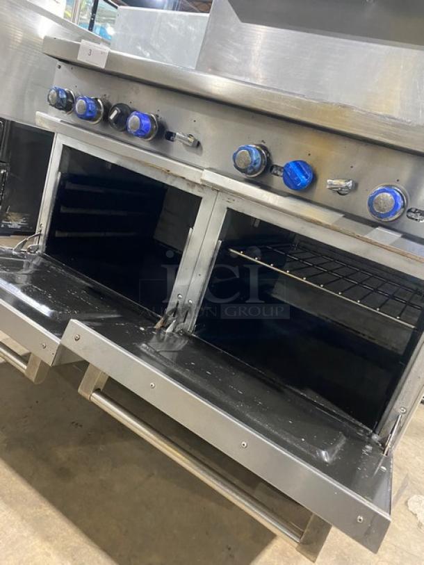 Standard Range Commercial Stainless Steel Natural Gas Powered 8 Burner Range! With 2 Full Sized Ovens Underneath! With Back Splash & Overhead Salamander Shelf! With Metal Oven Rack! On Casters! - Image 7 of 10