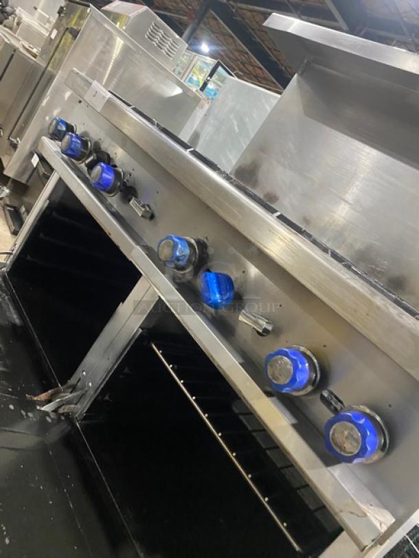 Standard Range Commercial Stainless Steel Natural Gas Powered 8 Burner Range! With 2 Full Sized Ovens Underneath! With Back Splash & Overhead Salamander Shelf! With Metal Oven Rack! On Casters! - Image 9 of 10