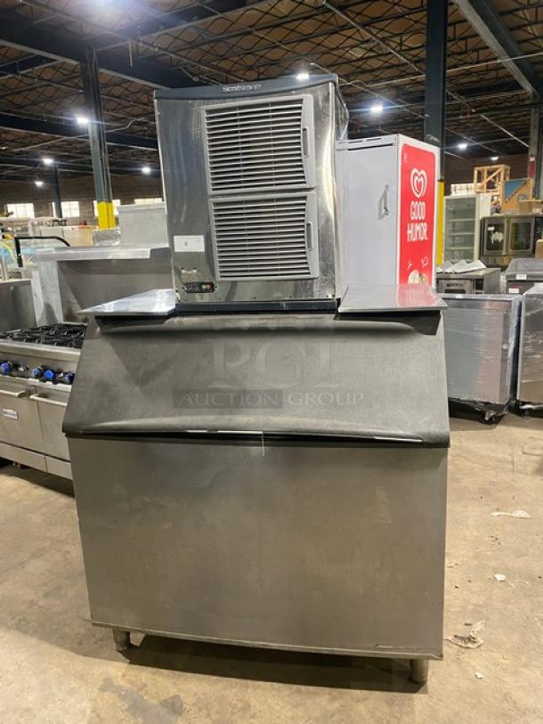Scotsman Commercial Stainless Steel Nugget Ice Making Machine Head! With Commercial Ice Bin Attached Underneath! All Stainless Steel! With Lift-Up Cover! On Legs! 208/230V 1 Phase! Model: NS1322A-32B SN: 22081320017211! - Image 1 of 9