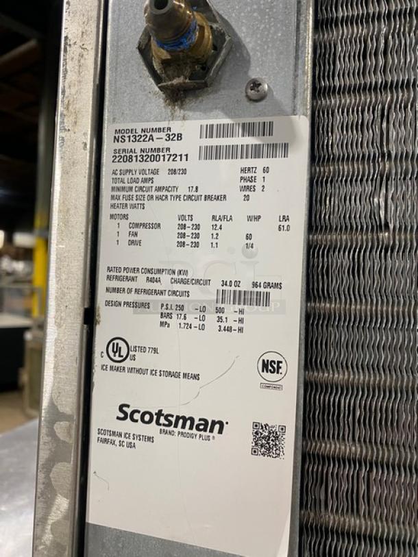 Scotsman Commercial Stainless Steel Nugget Ice Making Machine Head! With Commercial Ice Bin Attached Underneath! All Stainless Steel! With Lift-Up Cover! On Legs! 208/230V 1 Phase! Model: NS1322A-32B SN: 22081320017211! - Image 7 of 9