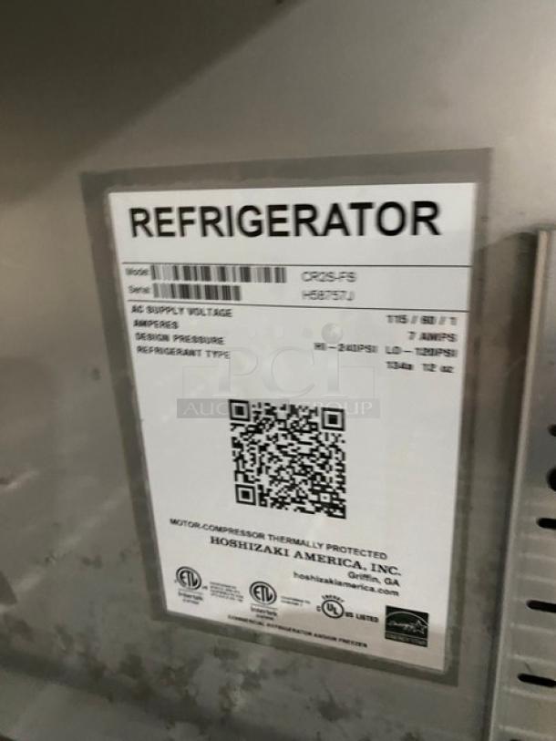 Hoshizaki Commercial Double Door Reach In Refrigerator! All Stainless Steel! With Poly Coated Racks! On Casters! 115V 1 Phase! Model: CR2S-FS SN: H58757J! - Image 6 of 7