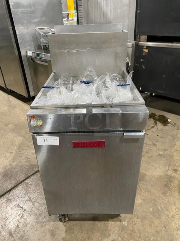 Vulcan Commercial Stainless Steel Natural Gas Powered Floor Style Deep Fat Fryer! With 3 New Frying Baskets! Model: LG500 SN: DV-106! On Casters! - Image 1 of 9