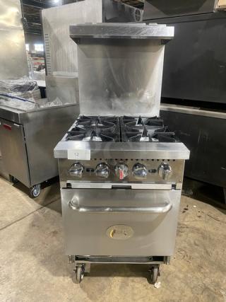 CPG Commercial Stainless Steel Natural Gas Powered 4 Burner Range! With Full Sized Oven Underneath! With Back Splash & Overhead Salamander Shelf! With Metal Oven Racks! On Casters!