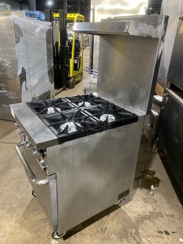 CPG Commercial Stainless Steel Natural Gas Powered 4 Burner Range! With Full Sized Oven Underneath! With Back Splash & Overhead Salamander Shelf! With Metal Oven Racks! On Casters! - Image 2 of 9