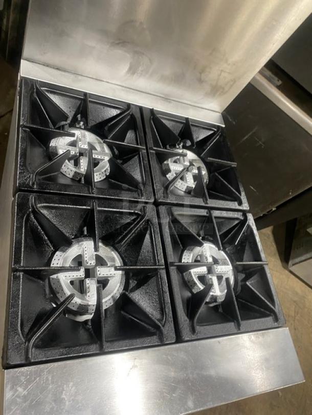 CPG Commercial Stainless Steel Natural Gas Powered 4 Burner Range! With Full Sized Oven Underneath! With Back Splash & Overhead Salamander Shelf! With Metal Oven Racks! On Casters! - Image 5 of 9