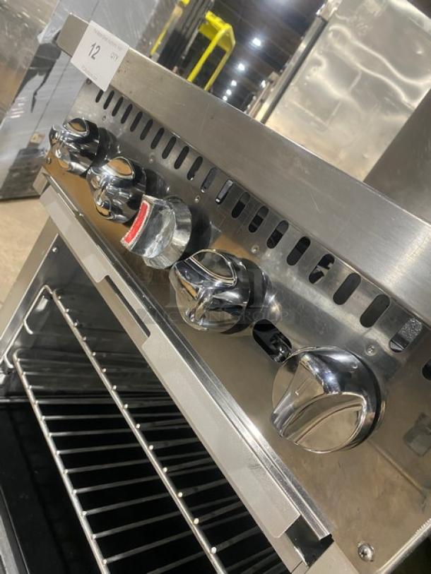 CPG Commercial Stainless Steel Natural Gas Powered 4 Burner Range! With Full Sized Oven Underneath! With Back Splash & Overhead Salamander Shelf! With Metal Oven Racks! On Casters! - Image 8 of 9