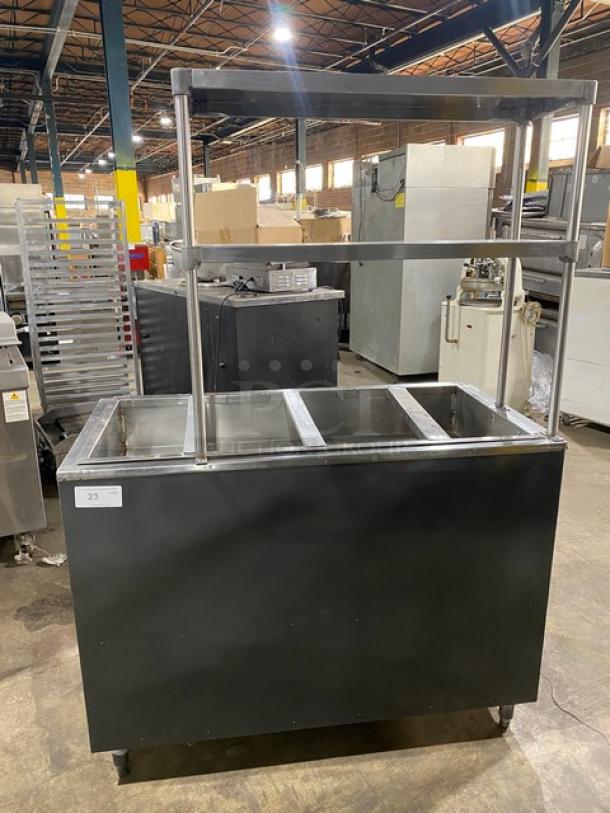 Custom Commercial Stainless Steel Natural Gas Powered 4 Well Steam Table! With Double Shelf Overhead! With Enclosed Double Shelf Base! With 2 Mushroom Burners & Valves! On Legs! - Image 1 of 8
