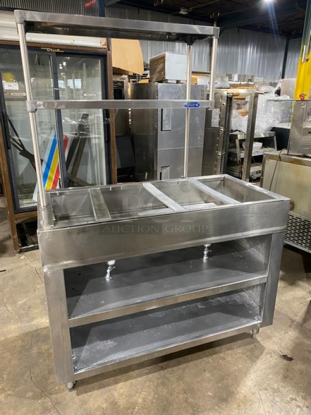 Custom Commercial Stainless Steel Natural Gas Powered 4 Well Steam Table! With Double Shelf Overhead! With Enclosed Double Shelf Base! With 2 Mushroom Burners & Valves! On Legs! - Image 4 of 8