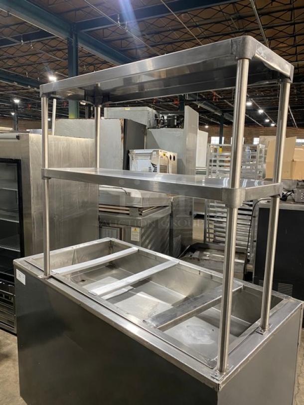 Custom Commercial Stainless Steel Natural Gas Powered 4 Well Steam Table! With Double Shelf Overhead! With Enclosed Double Shelf Base! With 2 Mushroom Burners & Valves! On Legs! - Image 6 of 8