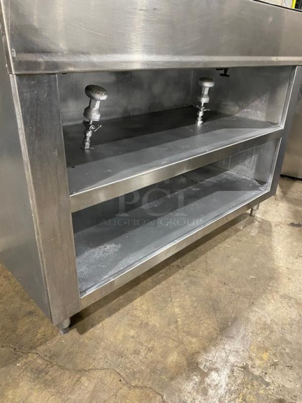 Custom Commercial Stainless Steel Natural Gas Powered 4 Well Steam Table! With Double Shelf Overhead! With Enclosed Double Shelf Base! With 2 Mushroom Burners & Valves! On Legs! - Image 7 of 8