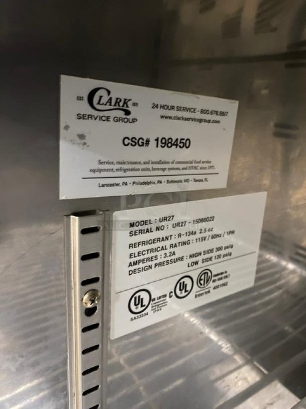 Master Bilt Fusion Series Commercial Refrigerated Single Door Lowboy/Worktop Cooler! All Stainless Steel! With Poly Coated Rack! On Casters! 115V 1 Phase! Model: UR27 SN: UR27-15080022! - Image 6 of 7