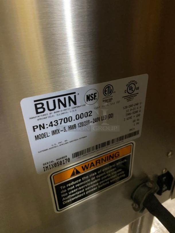 Bunn Dunkin Donuts Style Commercial Stainless Steel Countertop Hot Chocolate/Cappuccino Hot Beverage Machine! With 5 Flavor Hoppers! With Hot Water Dispenser! 120/208-240V 1 Phase! Model: IMIX-5, HWB 120/208-240V LED (DD) SN: IMIX050170! On Legs! - Image 5 of 7