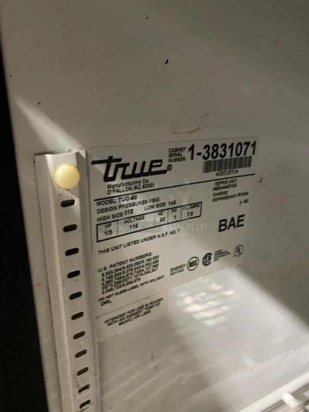 True Commercial Undercounter Double Door Lowboy/Worktop Cooler Refrigerator! All Stainless Steel! With Poly Coated Racks! 115V 1 Phase! Model: TUC-60 SN: 1-3831071! - Image 6 of 7