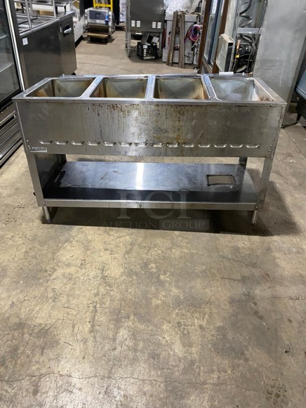 Duke Commercial Stainless Steel Natural Gas Powered 4 Well Hot Food/Steam Table! With Pan Rail! With Single Shelf Stand! On Legs! Model: 304 M SN: 06162325! - Image 4 of 9