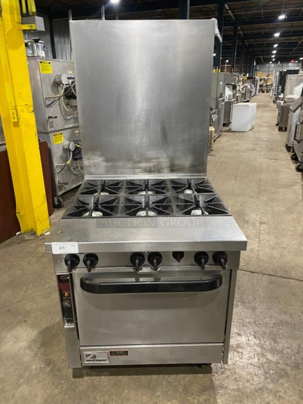 SouthBend Platinum Series Commercial Stainless Steel Natural Gas Powered Heavy Duty 6 Burner Range! With Full Size Oven Underneath! With Back Splash! With Metal Oven Rack! Model: P32D-BBB SN: 05M09248! 120V 1 Phase!  On Casters! - Image 1 of 12