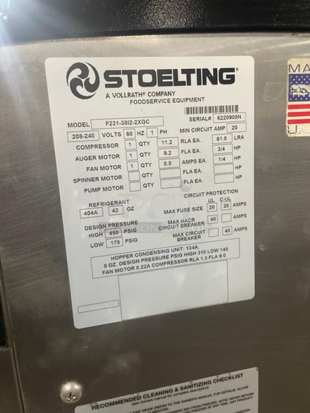 Sweet! Late Model! Stoelting Commercial Floor Style Dual Soft Serve Ice Cream/Frozen Yogurt Machine! All Stainless Steel! With 2 Hoppers & 3 Flavor Dispensers! On Casters! 208/240V 1Phase! Model: F231-38I2-2XGC SN: 6220908N! Working When Removed! - Image 9 of 10
