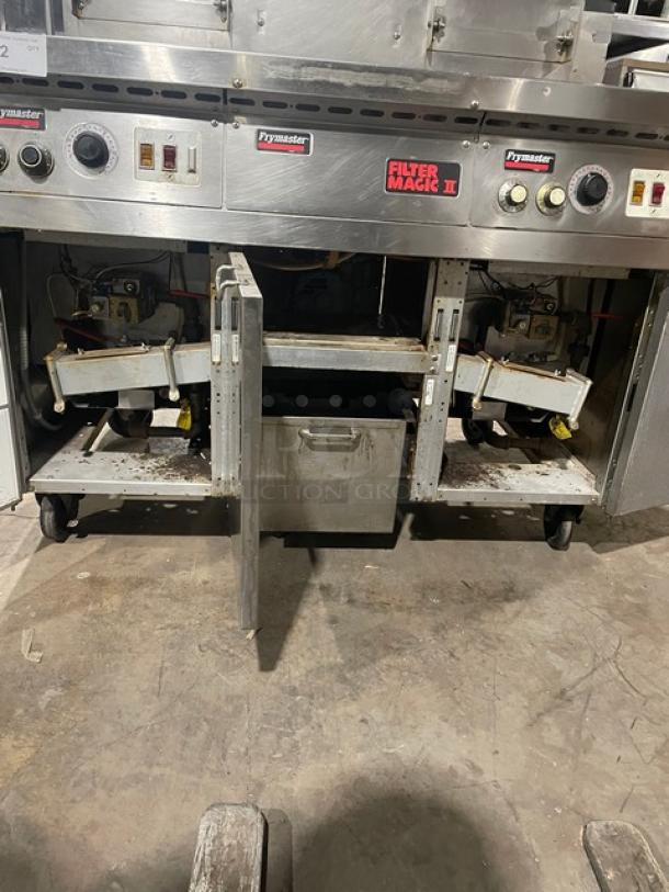 Sweet! Frymaster Commercial Natural Gas Powered 2 Bay Deep Fat Fryer! With Middle Dumping Station! With Back Splash! All Stainless Steel! With Grease Filter Underneath! On Casters! 110-120V! Model: FM245EBLMSC SN: 0012GI0053! - Image 9 of 14