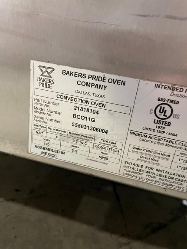 Bakers Pride Commercial Stainless Steel Natural Gas Powered Single Stack Convection Oven! With Wire Oven Racks! With Legs! 120V! Model: BCO11G SN: 555031306004! - Image 8 of 9