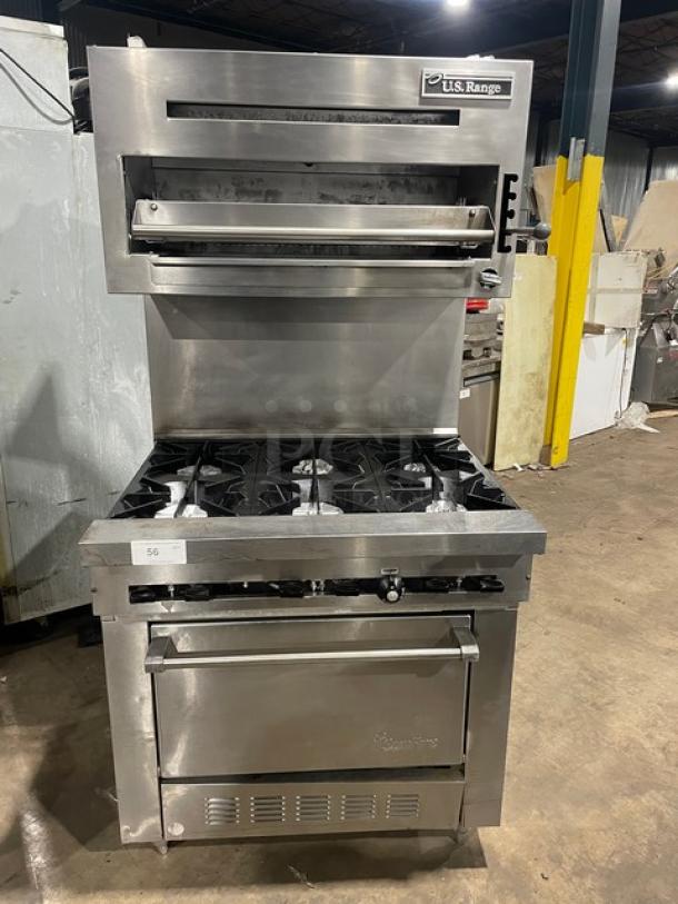 WOW! U.S. Range Sunfire Series Commercial Stainless Steel Natural Gas Powered 6 Burner Range! With Full Size Oven Underneath! With Back Splash! With Metal Oven Rack! With U.S. Range Natural Gas Powered Salamander Broiler/Cheese Melter Overhead! Model: SX-6-26 SN: 0309SX0243! On Legs! - Image 1 of 12