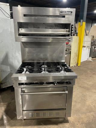 WOW! U.S. Range Sunfire Series Commercial Stainless Steel Natural Gas Powered 6 Burner Range! With Full Size Oven Underneath! With Back Splash! With Metal Oven Rack! With U.S. Range Natural Gas Powered Salamander Broiler/Cheese Melter Overhead! Model: SX-6-26 SN: 0309SX0243! On Legs!