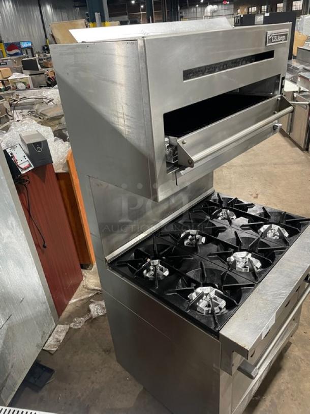 WOW! U.S. Range Sunfire Series Commercial Stainless Steel Natural Gas Powered 6 Burner Range! With Full Size Oven Underneath! With Back Splash! With Metal Oven Rack! With U.S. Range Natural Gas Powered Salamander Broiler/Cheese Melter Overhead! Model: SX-6-26 SN: 0309SX0243! On Legs! - Image 2 of 12