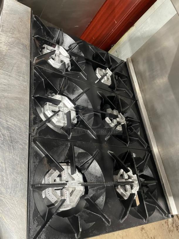 WOW! U.S. Range Sunfire Series Commercial Stainless Steel Natural Gas Powered 6 Burner Range! With Full Size Oven Underneath! With Back Splash! With Metal Oven Rack! With U.S. Range Natural Gas Powered Salamander Broiler/Cheese Melter Overhead! Model: SX-6-26 SN: 0309SX0243! On Legs! - Image 5 of 12