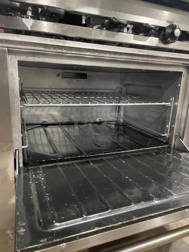 WOW! U.S. Range Sunfire Series Commercial Stainless Steel Natural Gas Powered 6 Burner Range! With Full Size Oven Underneath! With Back Splash! With Metal Oven Rack! With U.S. Range Natural Gas Powered Salamander Broiler/Cheese Melter Overhead! Model: SX-6-26 SN: 0309SX0243! On Legs! - Image 7 of 12
