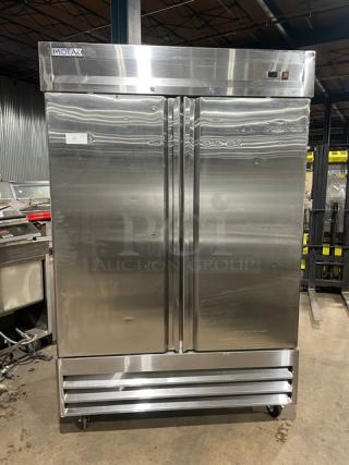 Sweet! Late Model! Motak Commercial Stainless Steel Solid 2 Door Reach In Refrigerator! With Poly Coated Racks! Model: MSD-2DR-BAL-X SN: 475682797! 115V! On Casters! Working When Removed!