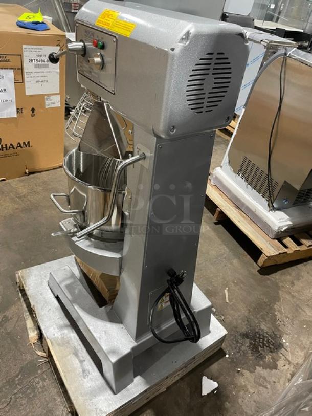 New! Scratch-N-Dent! 2024! Prepline Commercial Floor Style 40 Quart Gear Driven Heavy-Duty Planetary Mixer! With Bowl Guard & Stainless Steel Mixing Bowl! With Wire Whip, Dough Hook & Flat Beater Attachments!  110V 1 Phase! Model: PHLM-40B-T SN: 24030141003! - Image 3 of 12