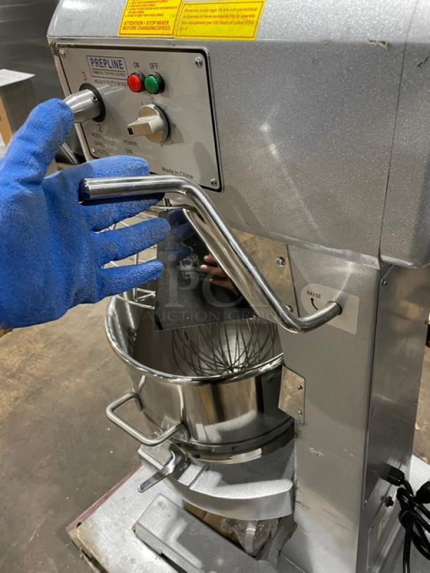 New! Scratch-N-Dent! 2024! Prepline Commercial Floor Style 40 Quart Gear Driven Heavy-Duty Planetary Mixer! With Bowl Guard & Stainless Steel Mixing Bowl! With Wire Whip, Dough Hook & Flat Beater Attachments!  110V 1 Phase! Model: PHLM-40B-T SN: 24030141003! - Image 9 of 12