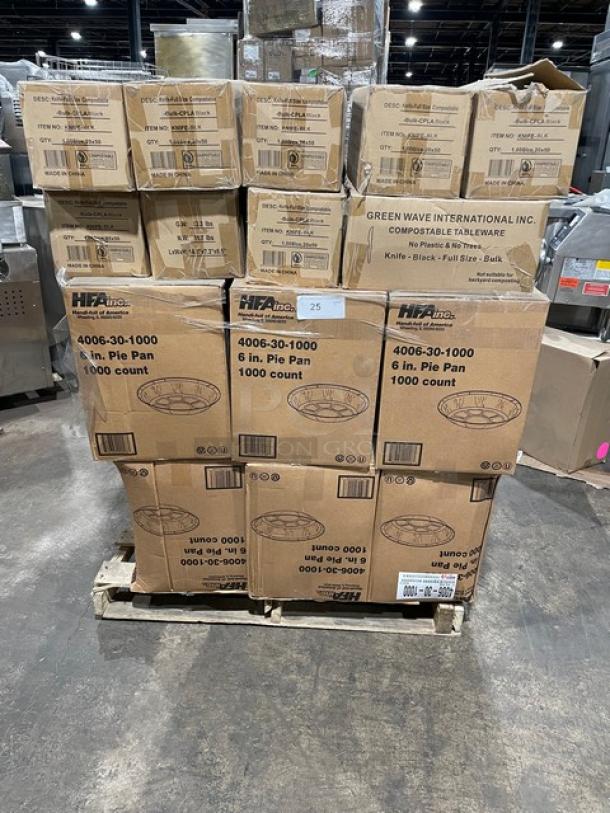 All New In The Box! Mixed Pallet! HFA Commercial Aluminum 6 Inch Pie Pans! With Green Wave International Heavy Weight, 100% Compostable CPLA Cutlery Knifes! With Hoffmaster 2 Ply 15"x17" Dinner Napkins! 75X Your Bid! - Image 1 of 14