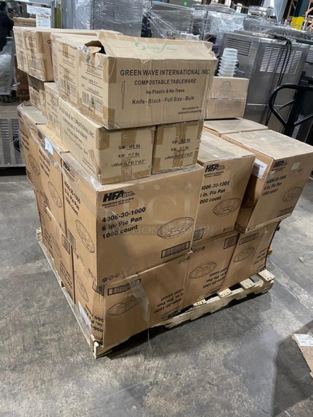 All New In The Box! Mixed Pallet! HFA Commercial Aluminum 6 Inch Pie Pans! With Green Wave International Heavy Weight, 100% Compostable CPLA Cutlery Knifes! With Hoffmaster 2 Ply 15"x17" Dinner Napkins! 75X Your Bid! - Image 2 of 14