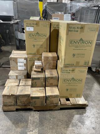 All New In The Box! Mixed Pallet! Environ Compostable 12oz. Kraft Hot Cups! With 100% Compostable Heavyweight Cutlery Knifes! With American Metalcraft 6" Black Swirl Base Card/Number Holders! With Cambro 1/9 Size Food Pan Covers! With American Metalcraft White Rolled Rim 8oz. Oblong Vintage Enamelware Bowls With Blue Rims! 30X Your Bid!