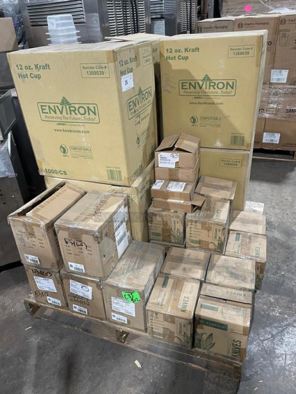 All New In The Box! Mixed Pallet! Environ Compostable 12oz. Kraft Hot Cups! With 100% Compostable Heavyweight Cutlery Knifes! With American Metalcraft 6" Black Swirl Base Card/Number Holders! With Cambro 1/9 Size Food Pan Covers! With American Metalcraft White Rolled Rim 8oz. Oblong Vintage Enamelware Bowls With Blue Rims! 30X Your Bid! - Image 2 of 12