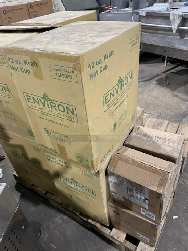 All New In The Box! Mixed Pallet! Environ Compostable 12oz. Kraft Hot Cups! With 100% Compostable Heavyweight Cutlery Knifes! With American Metalcraft 6" Black Swirl Base Card/Number Holders! With Cambro 1/9 Size Food Pan Covers! With American Metalcraft White Rolled Rim 8oz. Oblong Vintage Enamelware Bowls With Blue Rims! 30X Your Bid! - Image 3 of 12