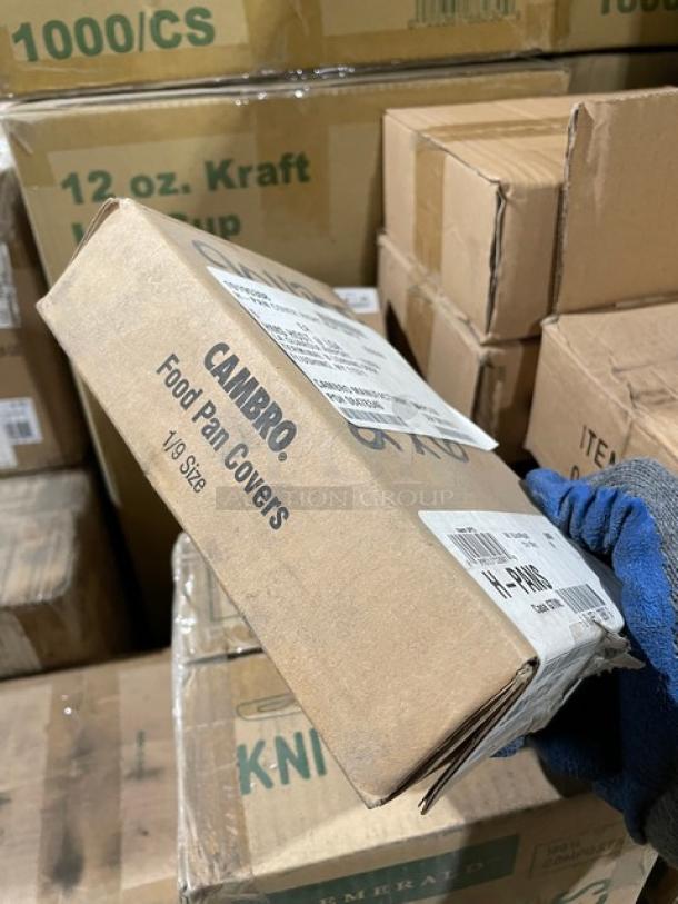 All New In The Box! Mixed Pallet! Environ Compostable 12oz. Kraft Hot Cups! With 100% Compostable Heavyweight Cutlery Knifes! With American Metalcraft 6" Black Swirl Base Card/Number Holders! With Cambro 1/9 Size Food Pan Covers! With American Metalcraft White Rolled Rim 8oz. Oblong Vintage Enamelware Bowls With Blue Rims! 30X Your Bid! - Image 11 of 12