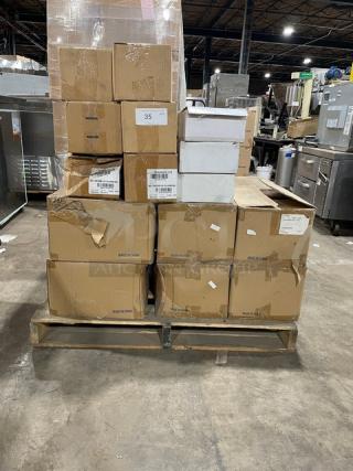 All New In The Box! High Quality Mixed Pallet! Oneida Oval 20oz. Bone White Porcelain Tundra Bakers Dish! With American Metalcraft Round 1.1oz. White Porcelain Sauce/Seasoning Dish! With WNA Yellow Medium Well 1-3/4" Steer Steak Markers! With CAC China 5 1/2" Round Amercian White Stoneware (Ceramic) Coupe Plates! With Dudson Evo Pearl 11.5" White Stoneware Deep Plates!  35X Your Bid!