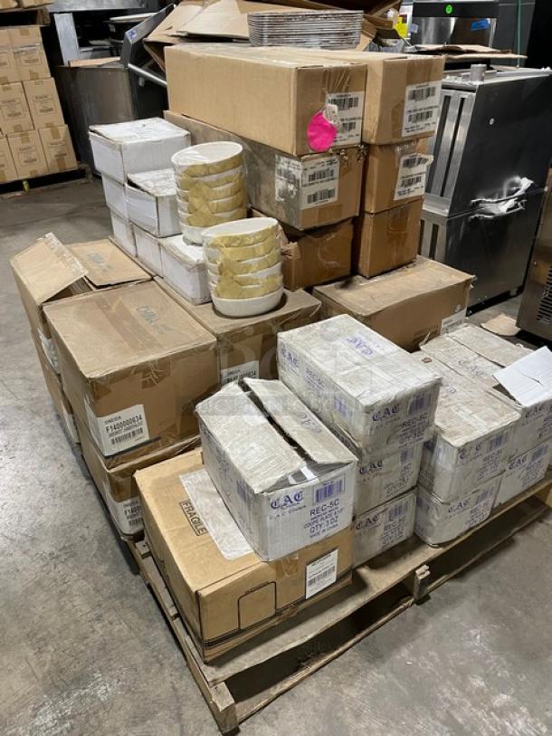 All New In The Box! High Quality Mixed Pallet! Oneida Oval 20oz. Bone White Porcelain Tundra Bakers Dish! With American Metalcraft Round 1.1oz. White Porcelain Sauce/Seasoning Dish! With WNA Yellow Medium Well 1-3/4" Steer Steak Markers! With CAC China 5 1/2" Round Amercian White Stoneware (Ceramic) Coupe Plates! With Dudson Evo Pearl 11.5" White Stoneware Deep Plates!  35X Your Bid! - Image 3 of 14