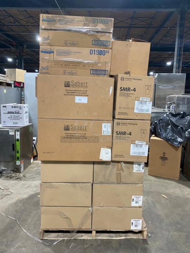 All New in The Box! Mixed Pallet! Sabert Square 12oz Clear Bowl Combo! With Graphic Packaging 04 Oz. Paper Hot Cups! With American Package Company Standard 4x4 Kraft Coasters! With Verterra LNR-15x11! With Hoffmaster Red Beverage Napkins! With Cambro 9 1/2" Round Camwear Plate Covers! With Douglas Stephen 18" Stakmate Trays! With Scott Toilet Paper Rolls! 53X Your Bid! - Image 1 of 13