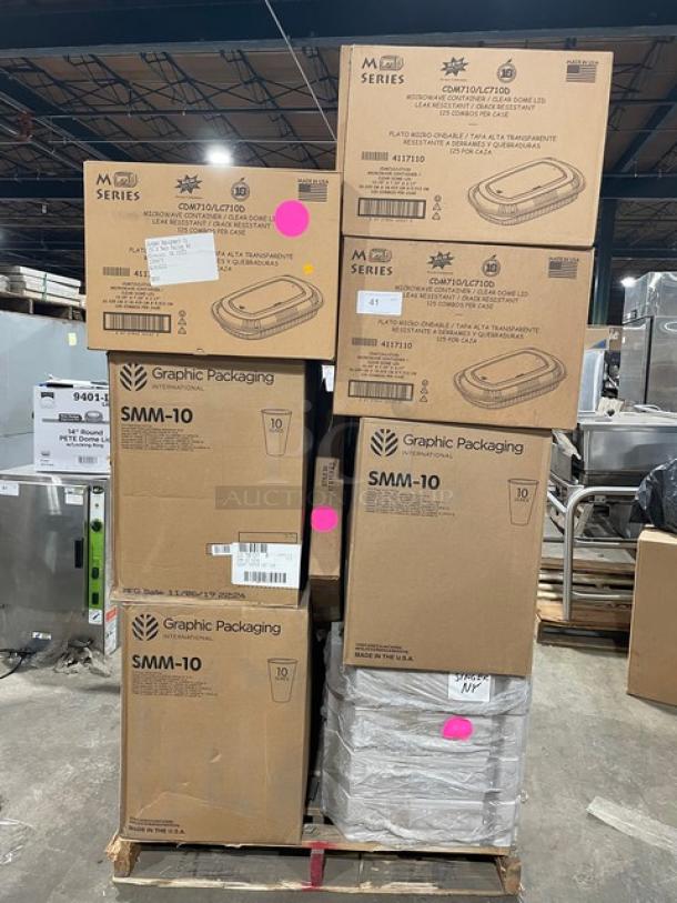 All New In The Box! Mixed Pallet! Graphic Packing 10oz Paper Hot Cups! With MicroRAve Black Polypropylene Platters & Clear PETE Lid Combos! With Hoffmaster Earth Wise Recycled 2-Ply Embossed Guest Towels! With White 8x5-1/2x4 Cake Bakery Boxes! 29X Your Bid! - Image 1 of 7
