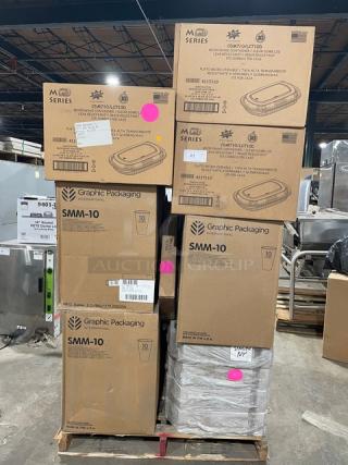All New In The Box! Mixed Pallet! Graphic Packing 10oz Paper Hot Cups! With MicroRAve Black Polypropylene Platters & Clear PETE Lid Combos! With Hoffmaster Earth Wise Recycled 2-Ply Embossed Guest Towels! With White 8x5-1/2x4 Cake Bakery Boxes! 29X Your Bid!