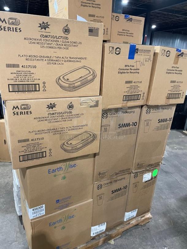 All New In The Box! Mixed Pallet! Graphic Packing 10oz Paper Hot Cups! With MicroRAve Black Polypropylene Platters & Clear PETE Lid Combos! With Hoffmaster Earth Wise Recycled 2-Ply Embossed Guest Towels! With White 8x5-1/2x4 Cake Bakery Boxes! 29X Your Bid! - Image 2 of 7