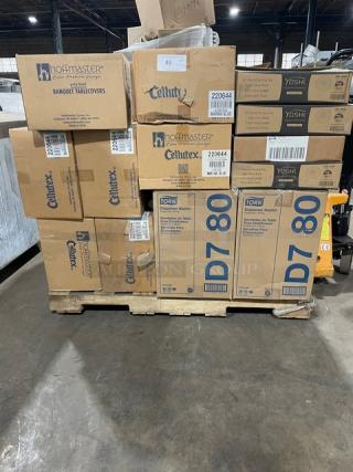 All New In The Box! Mixed Pallet! Tork Universal Masterfold White Dispenser Napkins! With EMI Yoshi's High Gloss Black 16" Heavyweight Disposable Round Party Trays! With Hoffmaster Cellutex Marina Blue Poly Lined Banquet Table Covers!  29X Your Bid!