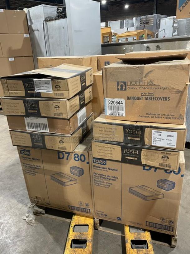 All New In The Box! Mixed Pallet! Tork Universal Masterfold White Dispenser Napkins! With EMI Yoshi's High Gloss Black 16" Heavyweight Disposable Round Party Trays! With Hoffmaster Cellutex Marina Blue Poly Lined Banquet Table Covers!  29X Your Bid! - Image 2 of 7
