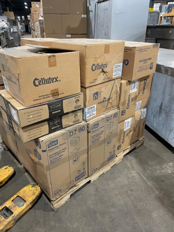 All New In The Box! Mixed Pallet! Tork Universal Masterfold White Dispenser Napkins! With EMI Yoshi's High Gloss Black 16" Heavyweight Disposable Round Party Trays! With Hoffmaster Cellutex Marina Blue Poly Lined Banquet Table Covers!  29X Your Bid! - Image 3 of 7