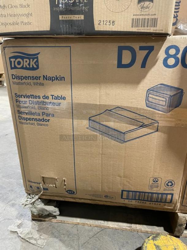 All New In The Box! Mixed Pallet! Tork Universal Masterfold White Dispenser Napkins! With EMI Yoshi's High Gloss Black 16" Heavyweight Disposable Round Party Trays! With Hoffmaster Cellutex Marina Blue Poly Lined Banquet Table Covers!  29X Your Bid! - Image 4 of 7