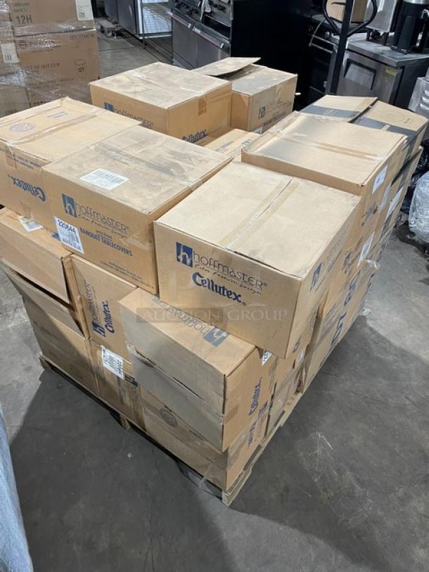 All New In The Box! Mixed Pallet! Tork Universal Masterfold White Dispenser Napkins! With EMI Yoshi's High Gloss Black 16" Heavyweight Disposable Round Party Trays! With Hoffmaster Cellutex Marina Blue Poly Lined Banquet Table Covers!  29X Your Bid! - Image 7 of 7